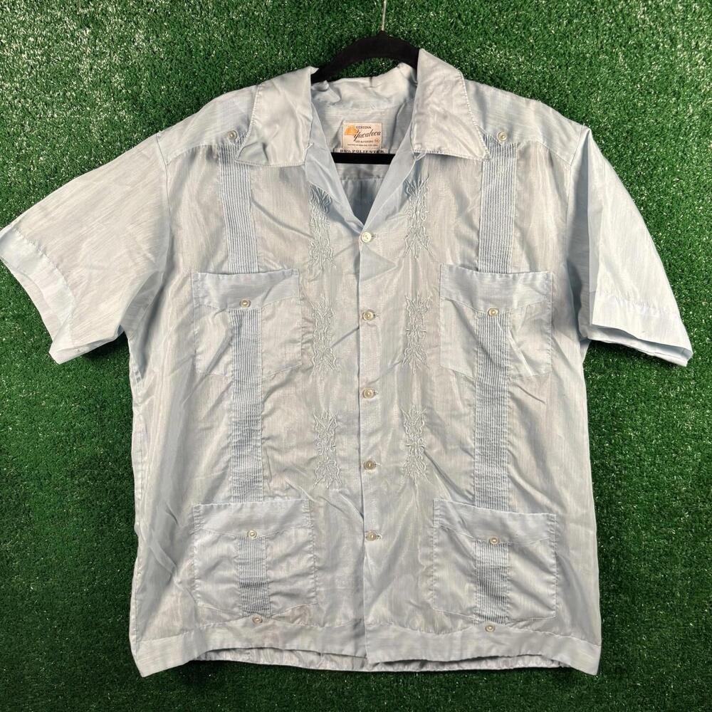 Genuina Yucateca Cuban Shirt Mens 44 Blue Embroidery Pockets